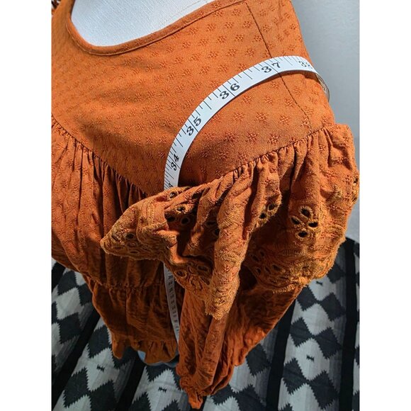 Rust Orange Long-Sleeve Textured Dress W/Eyelet Detailing & Elastic Waist By Uni - Picture 3 of 13